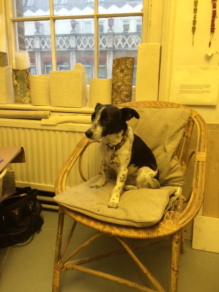 JanetStahelin's tweet photo. Masie keeping an eye on visitors at Made in Clerkenwell open studios. #MIC2015 #craftcentral #clerkenwell #ceramics https://t.co/531KSvj0Sl