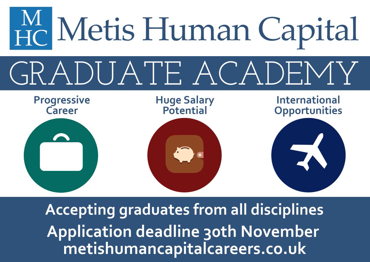 MetisHC's tweet image. MHC is offering 6 places for #graduates to start in recruitment!
Apply b4 30th Nov &amp;amp; visit goo.gl/vy8bUZ