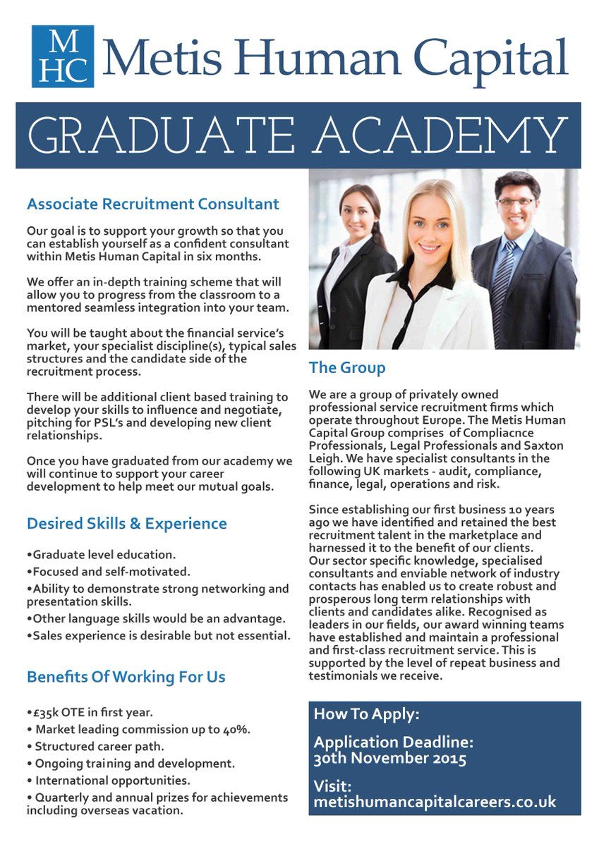 MetisHC's tweet image. MHC is offering 6 places for #graduates to start in recruitment!
Apply b4 30th Nov &amp;amp; visit goo.gl/vy8bUZ