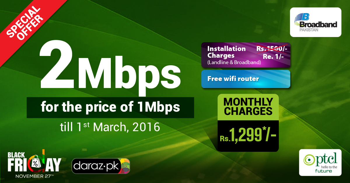 PTCLOfficial's tweet photo. #DarazBlackFriday
#2Mbps Broadband #Internet for #IMbps Price
Installation Re.1 - #Mega discounts on #PTCL products https://t.co/RmduE2i3FA