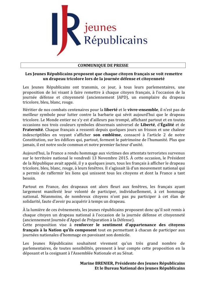 ClemForestier's tweet photo. Un drapeau pour chaque jeune français ! 
La Proposition de loi des @jeunesreps cc @marinebrenier @G_Carva https://t.co/L6hFBkgR16