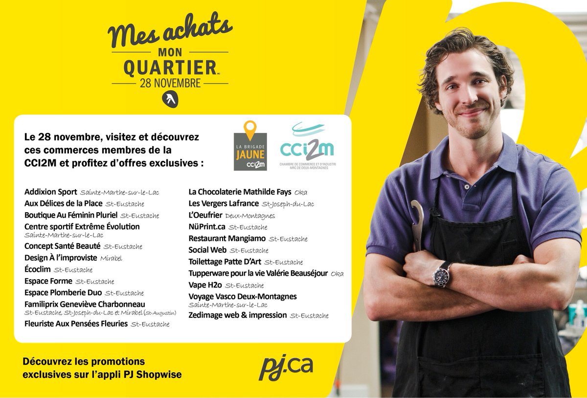 BrigadeJaune's tweet photo. Voici les commerces membres de la @CCI2M participant à @MonQuartier_ca! Venez rencontrer la @BrigadeJaune demain! https://t.co/Y10Mh9KY8s