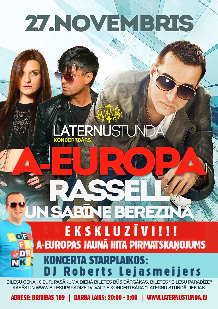 ŠOVAKAR, jau no pl. 20:00 SKAĻŠ pasākums <a href="/Laternustunda/">Laternu stundā</a>! A-Europa, Rassell &amp; Sabīne Berezina, Roberts Lejasmeijers.