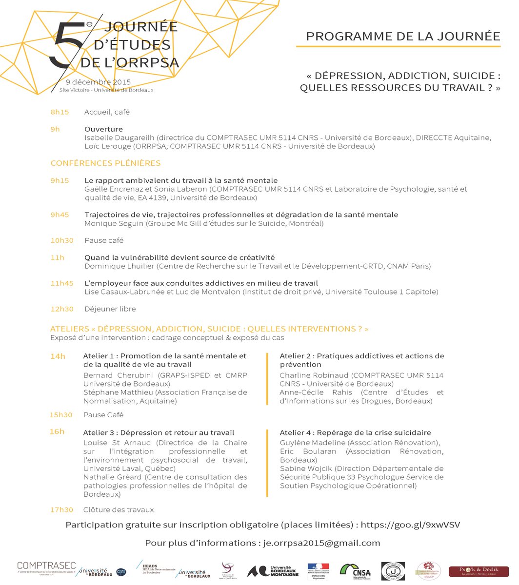 JEORRPSA's tweet photo. "#Dépression, #addiction, #suicide : quelles #ressources du #travail ?" Programme de la #5èmeJE de l'#ORRPSA.
#RPS https://t.co/pUJaaVo8C3