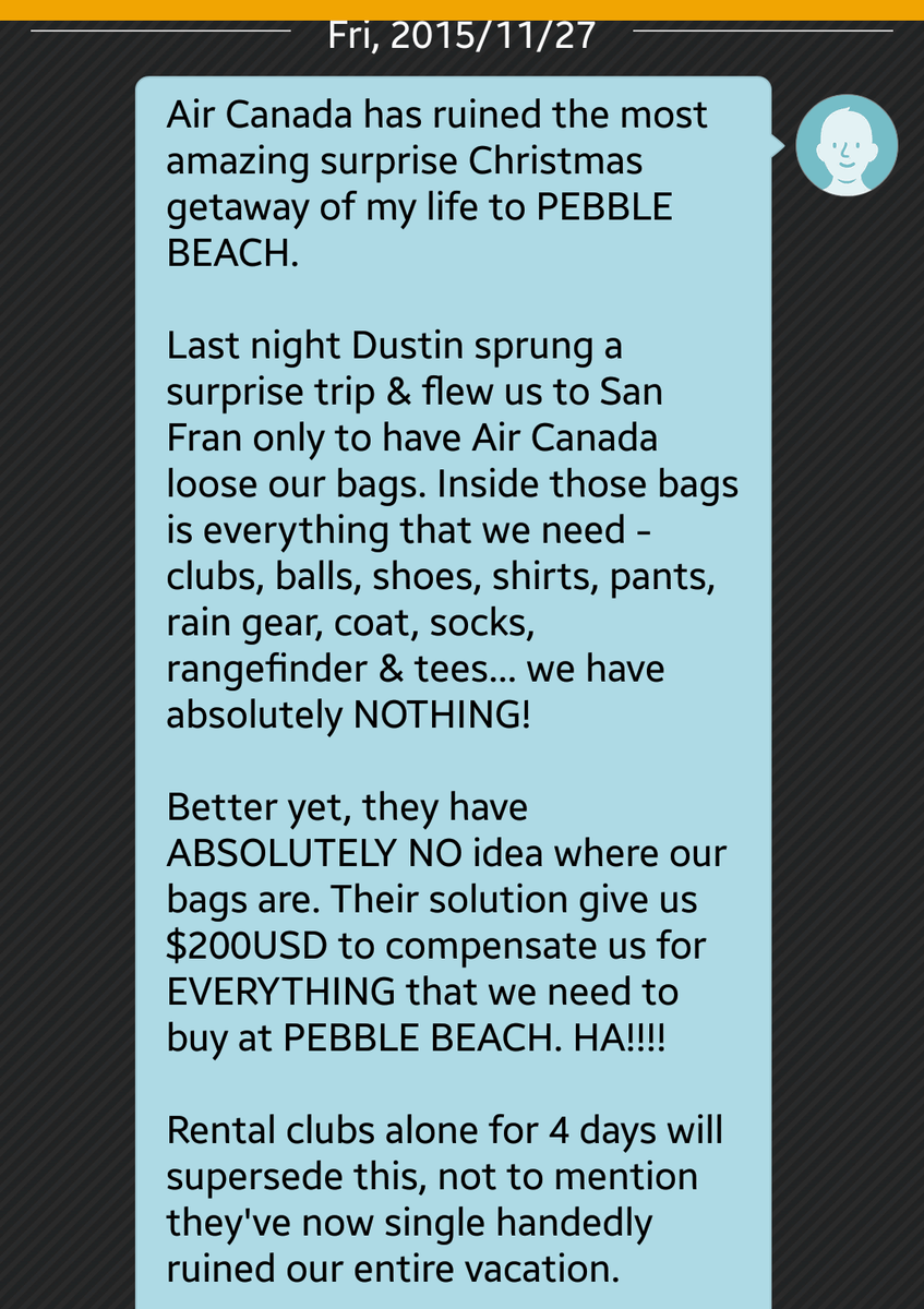MorganBellPR's tweet photo. How @AirCanada  has ruined the most amazing surprise golf trip of my life to PEBBLE BEACH. Golf friends please RT :( https://t.co/aWfDmpbchF