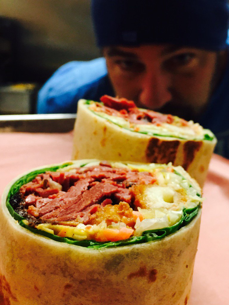 The PaSwami- house pastrami, pretzel encrusted cheez curds, Carolina mustard, sauerkraut/pickle slaw, spinach #bbq