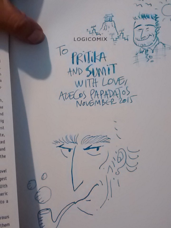 bakarmax_'s tweet image. Got my copy of #logicomix signed! @AlecosPapadatos doodled himself on top right!