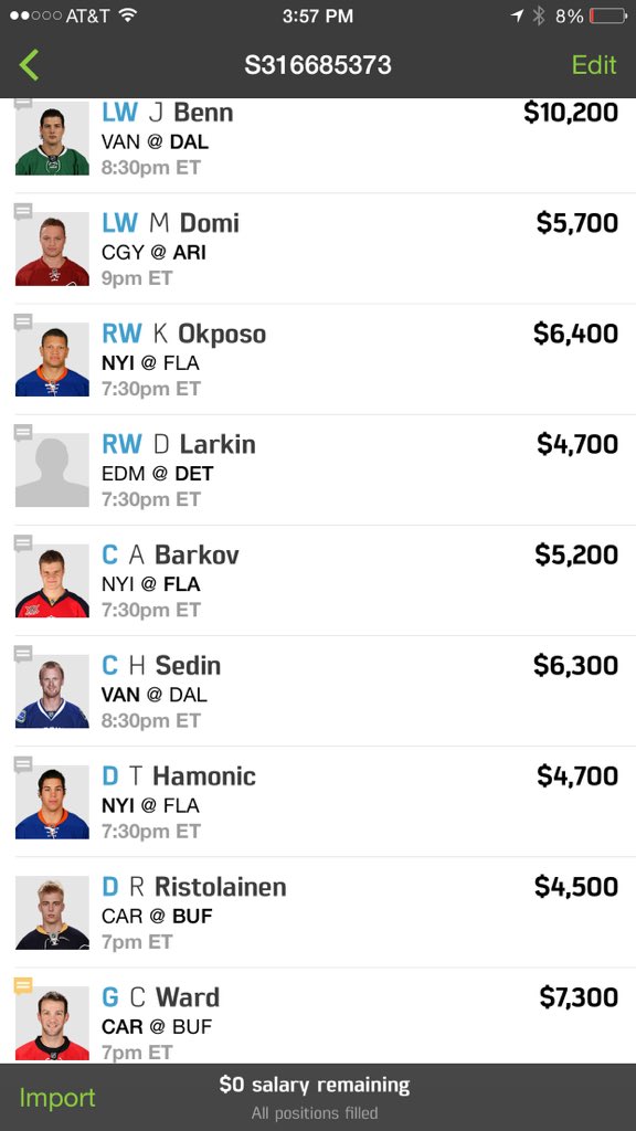 daxmalury's tweet photo. I suck at DFS, but always seem to cash in NHL GPPs with my own lines, so let's see how this goes today... https://t.co/xo3aKUnTAP
