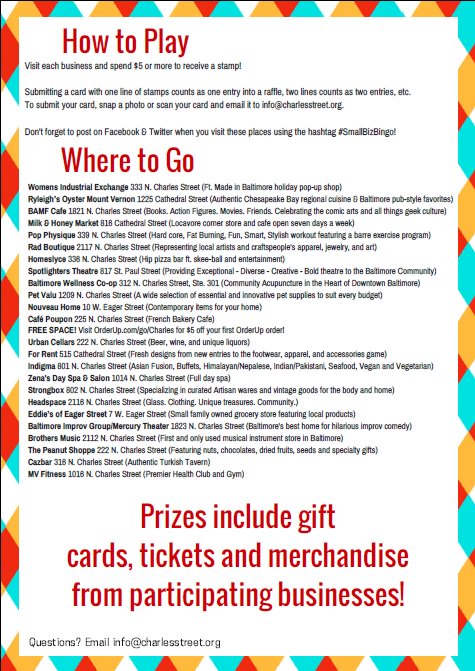 DTBaltEvents's tweet image. Win some cool prizes when you complete a #SmallBizBingo board. Receive a stamp each time you spend $5 @HistCharlesSt