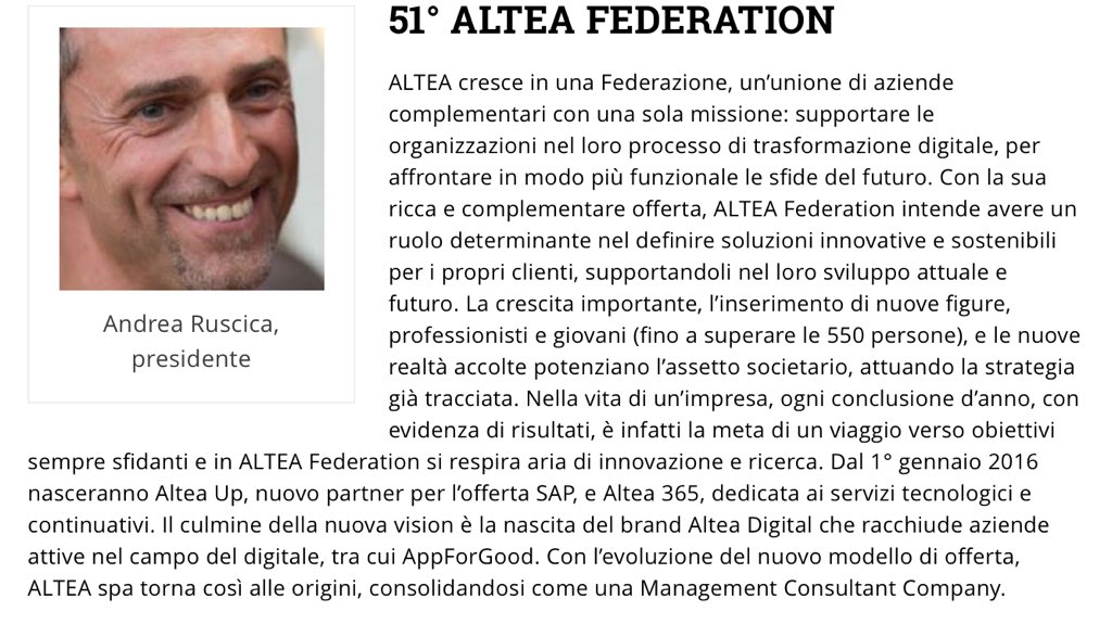 sboldrighini's tweet photo. ICT in Italia: @AlteaSpA sempre tra le Top100 Software+Servizi @IDCitaly https://t.co/fod5emu82t via datamanager_it https://t.co/DY8WjxaL7S