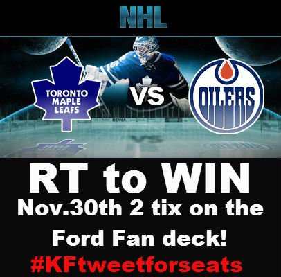 Kennedy_Ford's tweet photo. RT to #WIN @MapleLeafs tix! We have 2 tix for Nov.30th! LAST MINUTE TIX!  RT to be entered to win! #KFtweetforseats https://t.co/wbrMeKDz0q