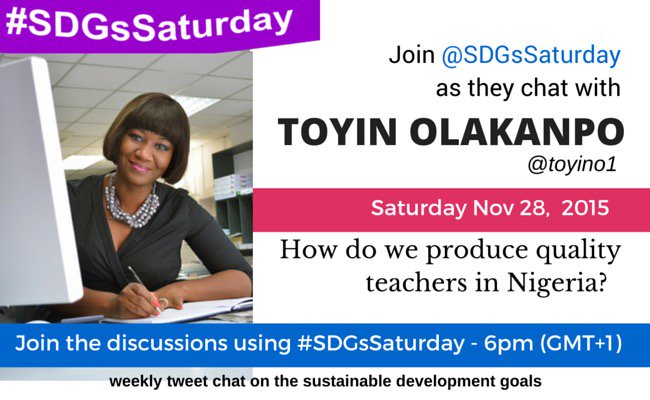 "@SDGsSaturday:  we will be talking on what it takes to produce quality teachers in Nigeria <a href="/sheiladykstra/">Sheila A Dykstra</a> #SDGs "