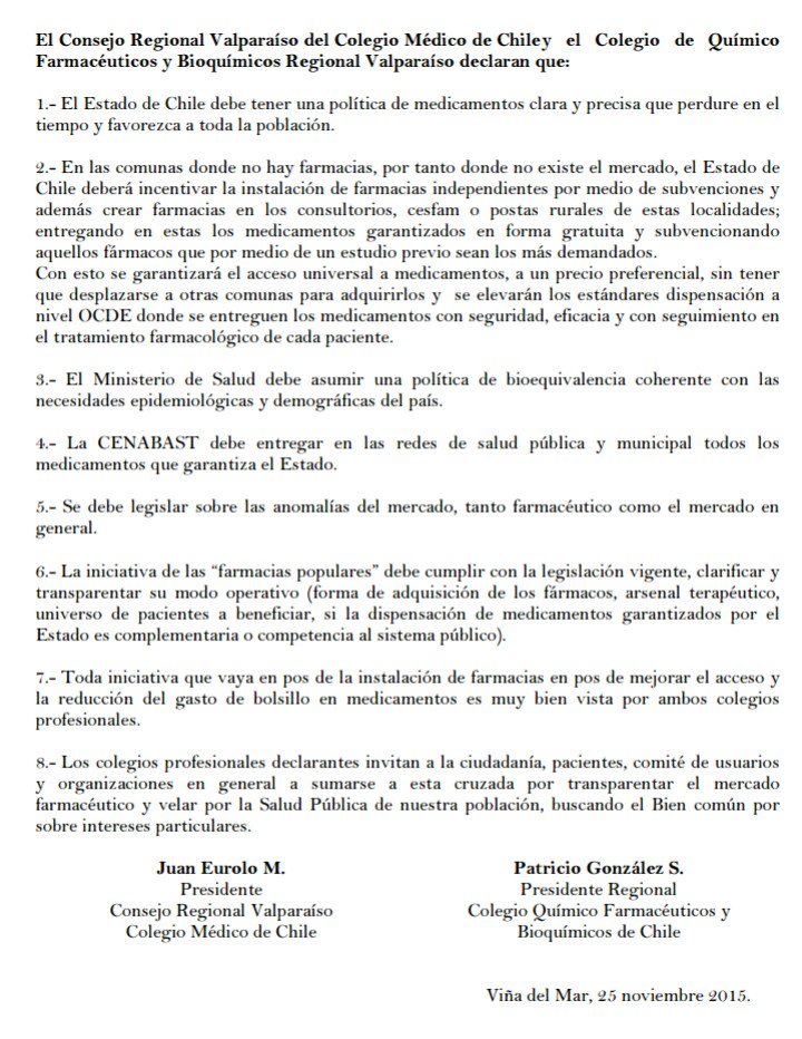 QFsValpo's tweet photo. Declaración conjunta con @ColMedValpo en relación a los medicamentos en Chile. @biobio @adnradiochile @CNNChile https://t.co/NKcTIHE2tq