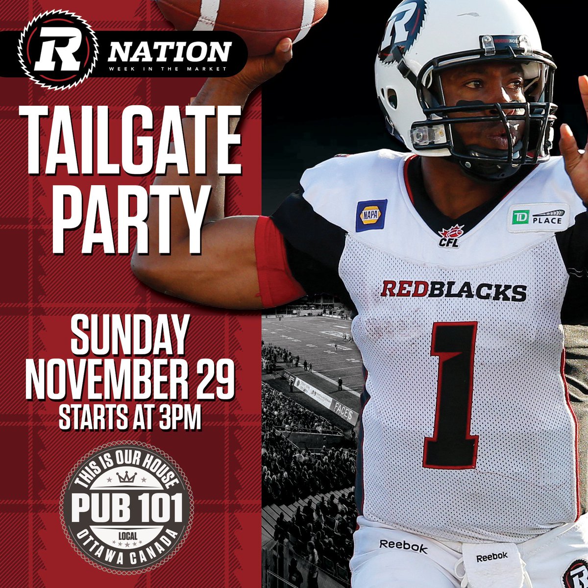 pub101_ottawa's tweet photo. Come cheer on the #RedBlacks this Sunday at #Pub10Fun's #TailgateParty! Don't miss it! #RNationintheMarket #GreyCup https://t.co/PzYxUHlEQU