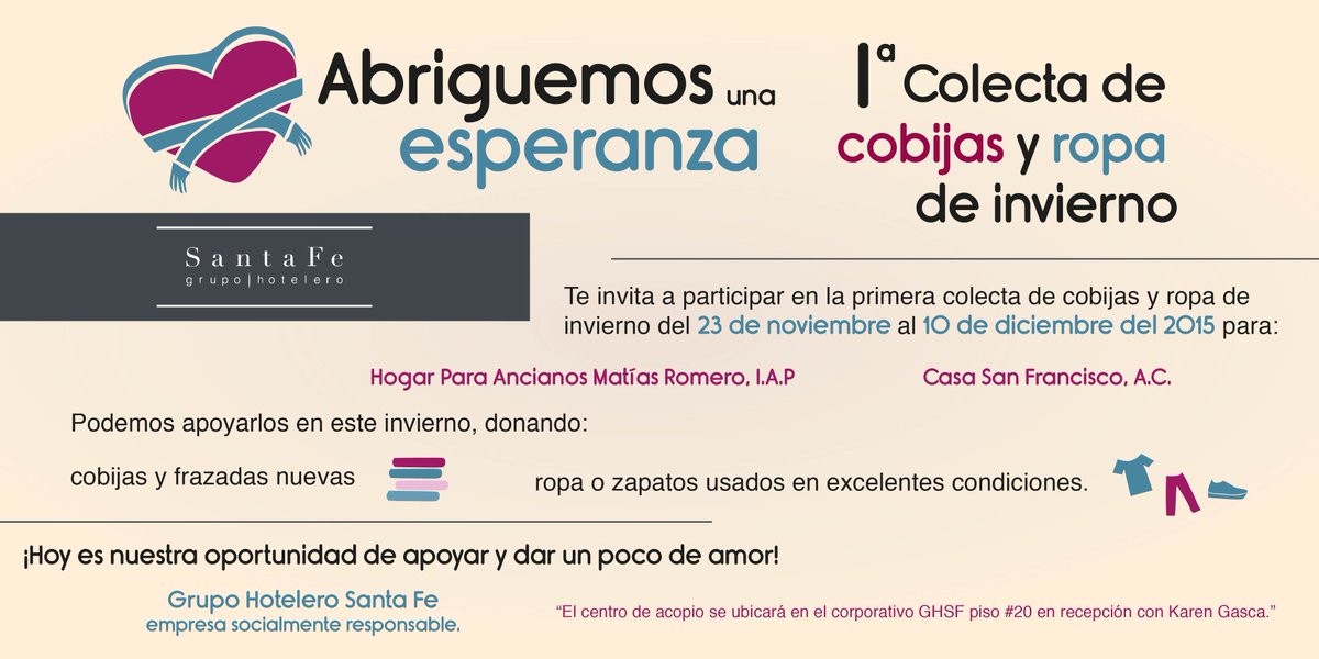 santafe_gh's tweet photo. Participa en nuestra 1er. Colecta de cobijas y ropa de invierno #AbriguemosUnaEsperanza #ResponsabilidadSocial https://t.co/mIlGLkMdCg