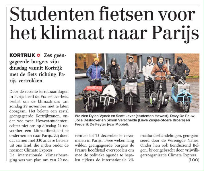 SeeMeCycle3's tweet photo. #SeeMeCycle in Kortrijks Handelsblad! #Howest @Climate_Express @davydepauw @Mobielvzw #LZSB @Howest_Intl https://t.co/LM6Eh7HcrU