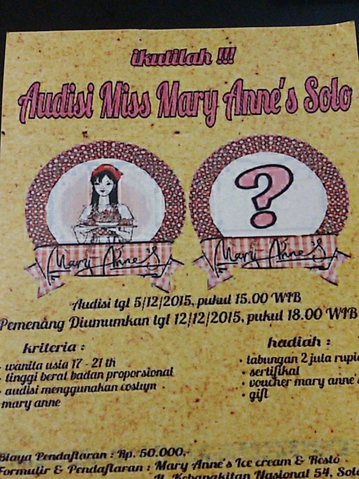 Ikuti Audisi Pemilihan Miss Mary Anne Solo tgl 05 des 2015 <a href="/maryannesolo/">Mary Anne's Solo</a> registrasi 50k, buruann daftarr 😄