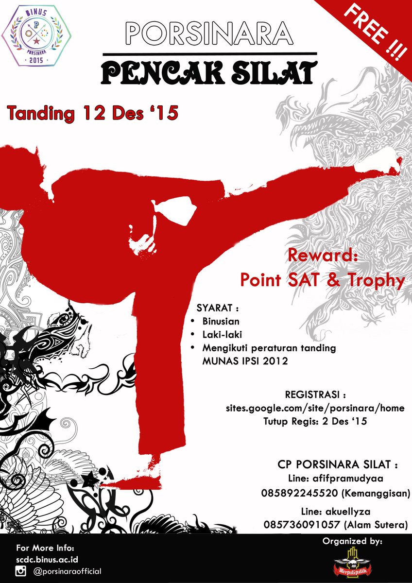 mpbinus's tweet photo. HAI BINUSIAN !!!
Kami mengundang anda para PESILAT BINUSIAN dari semua perguruan untuk bergabung di KEJUARAN ini https://t.co/GoZx5QJhdo