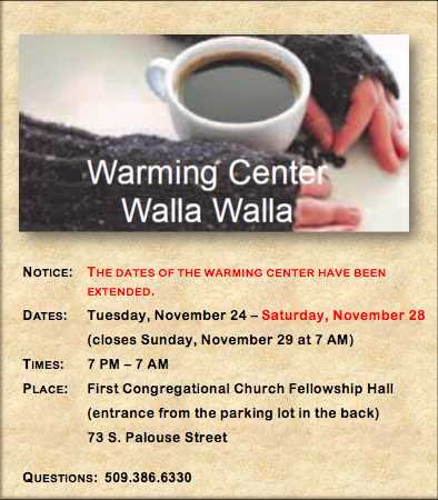 WWSheriff's tweet photo. Warming center dates extended through Saturday night #wallawalla #coldsnap https://t.co/zX4ta1k8SJ