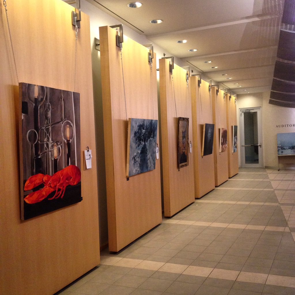 OutburstAuction's tweet photo. All the larger pieces are hanging in the back hallway of the Telus Centre! #pairings #yeg #yegarts #yegevents https://t.co/AeoBni1FcV
