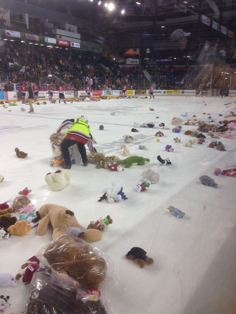 OHLIceDogs's tweet photo. Over 1700 teddy bears collected tonight! Thank you IceDogs fans! #TeddyBearToss https://t.co/AWua6HN9O7