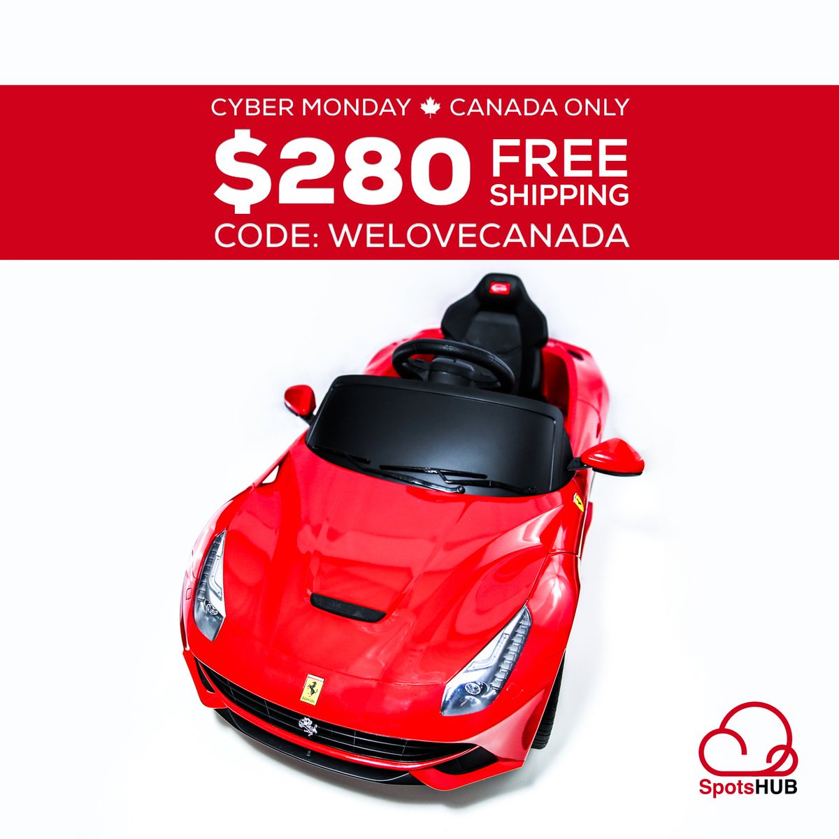 SpotsHUB's tweet photo. #Cybermonday 6V Ferrari Electric Ride on $280 Free Ship Canada-wide Code: welovecanada https://t.co/fjD84aeC0o https://t.co/GyBBMyV9Rm