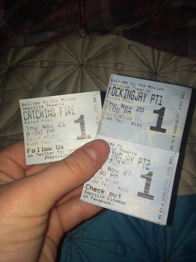 Alissa_Pratt's tweet photo. Missing the first ticket but such a bittersweet moment. 3 books 4 movies 4 years and it's all over now #MockingjayP2 https://t.co/10TDRIqbsf