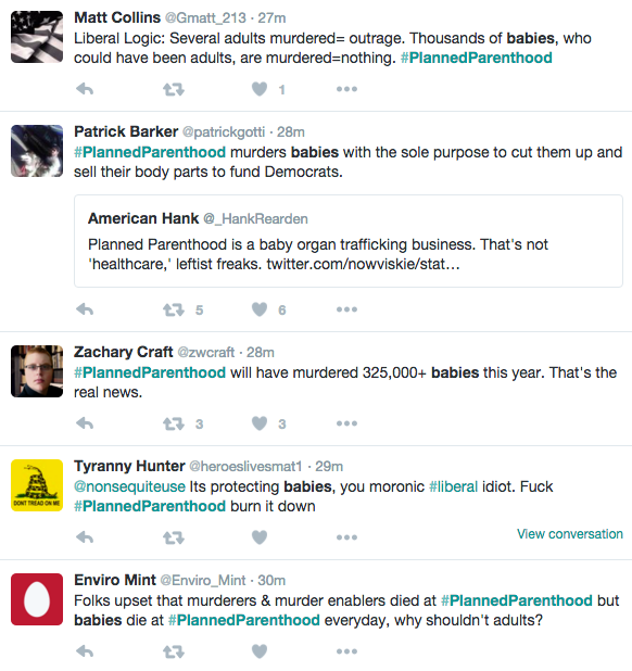 KeeganNYC's tweet photo. To those disputing there are people justifying/applauding the #PlannedParenthood shooting. There are thousands more https://t.co/D2sbZpuCkf