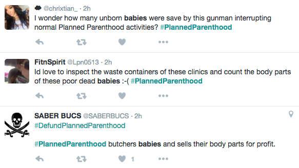 KeeganNYC's tweet photo. To those disputing there are people justifying/applauding the #PlannedParenthood shooting. There are thousands more https://t.co/D2sbZpuCkf