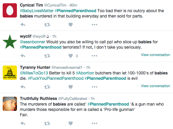 KeeganNYC's tweet photo. To those disputing there are people justifying/applauding the #PlannedParenthood shooting. There are thousands more https://t.co/D2sbZpuCkf