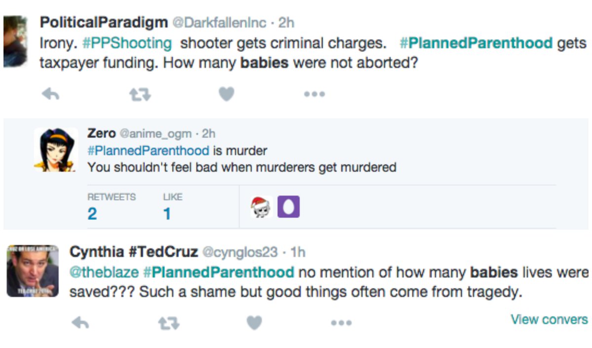 KeeganNYC's tweet photo. To those disputing there are people justifying/applauding the #PlannedParenthood shooting. There are thousands more https://t.co/D2sbZpuCkf