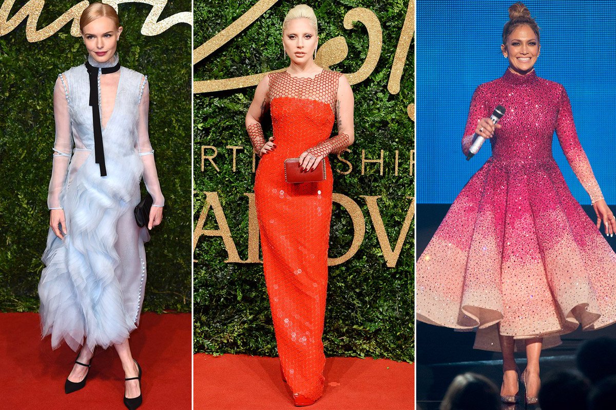 VanityFair's tweet photo. .@JLo went for pretty in pink while @LadyGaga went for sultry in red #ThisWeekInFashion https://t.co/q10ZmB2uyu https://t.co/3YH7PnigrQ