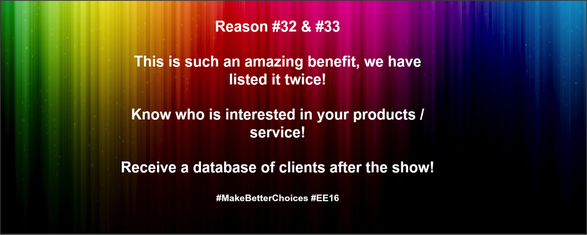 Earth_Expo's tweet photo. #36reasons why YOU should sign up! Database, Market Follow #EE16 #MakeBetterChoices info@earthexpo.co.za https://t.co/0cL4Z3yQ0X