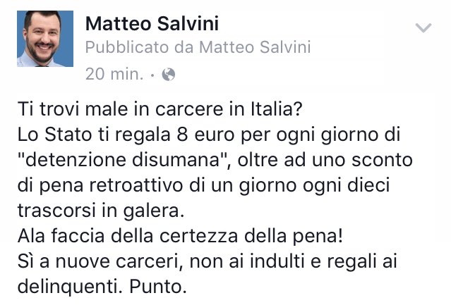 matteosalvinimi's tweet photo. Ti trovi male in carcere in Italia?
Ecco cosa ti regala lo stato alla faccia della certezza della pena..
#Salvini https://t.co/Z1R96zpyfD
