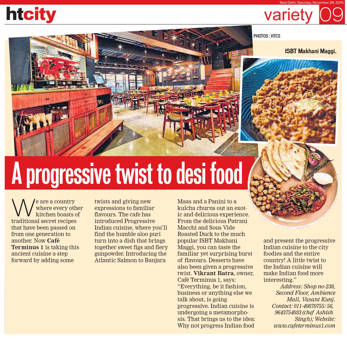 cafeterminus1's tweet photo. #CafeTerminus1 featured in #HTCity, Delhi Page 9 today. #Delhi #Feature #HindustanTimes #Sodelhi #ProgressiveIndian https://t.co/qBPuECJ4EI
