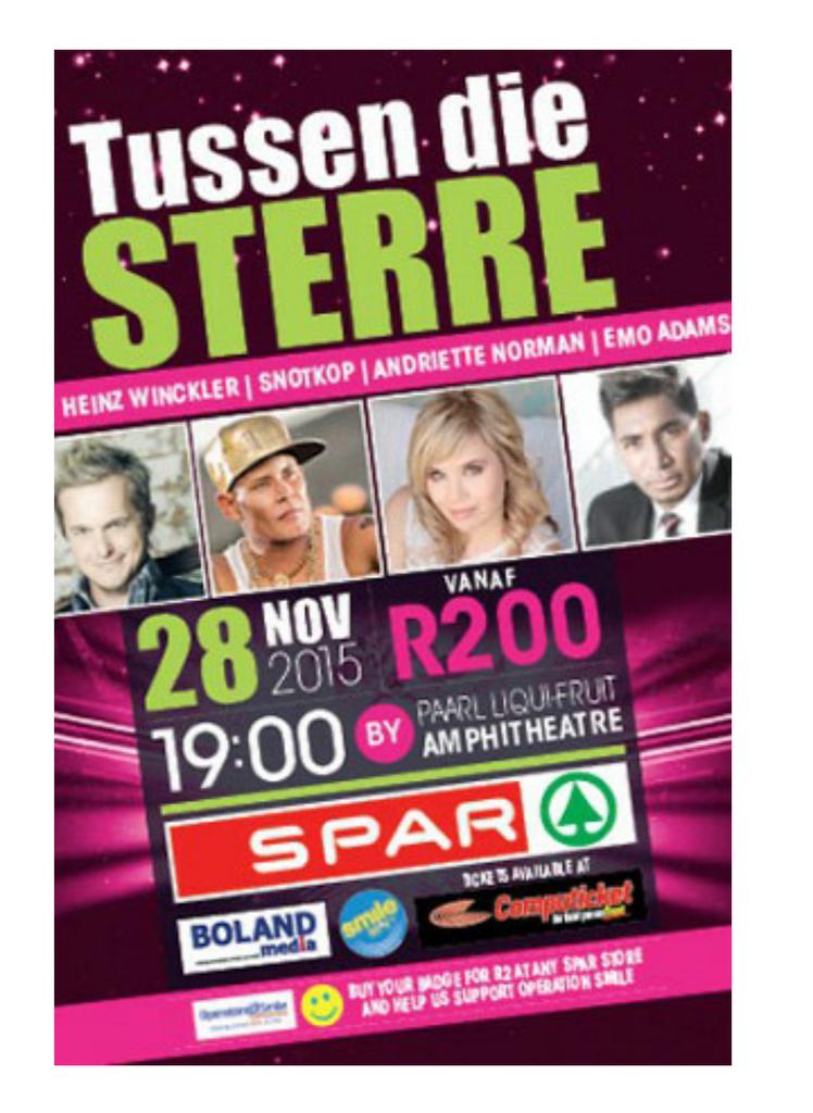 Sien julle vannaand tussen die sterre!
<a href="/emoadams/">Emo Adams</a> <a href="/AndrietteNorman/">Andriette Norman</a> <a href="/Snotkop_Henning/">Snotkop_Henning</a> <a href="/heinzwinckler/">Heinz Winckler</a> <a href="/Smile904FM/">Smile90.4 FM</a> #spar