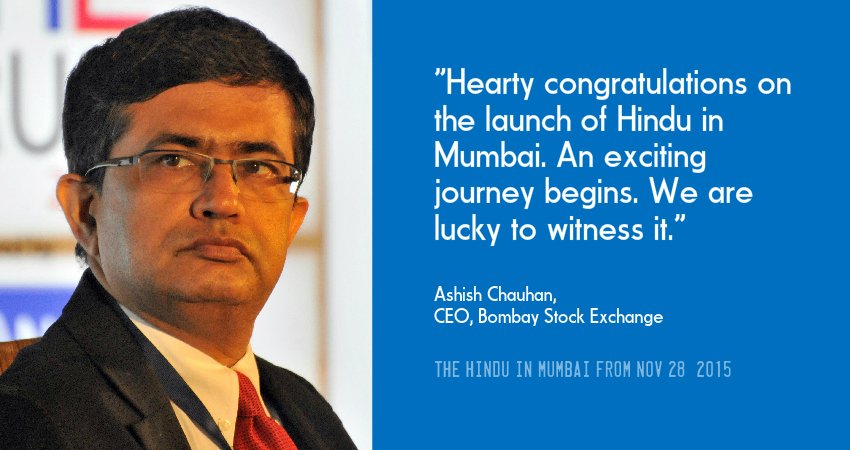 Bombay Stock Exchange CEO <a href="/ashish_chauhan1/">Ashish Chauhan</a>'s greetings to <a href="/the_hindu/">The Hindu</a> on its Mumbai edition launch today #THMumbai