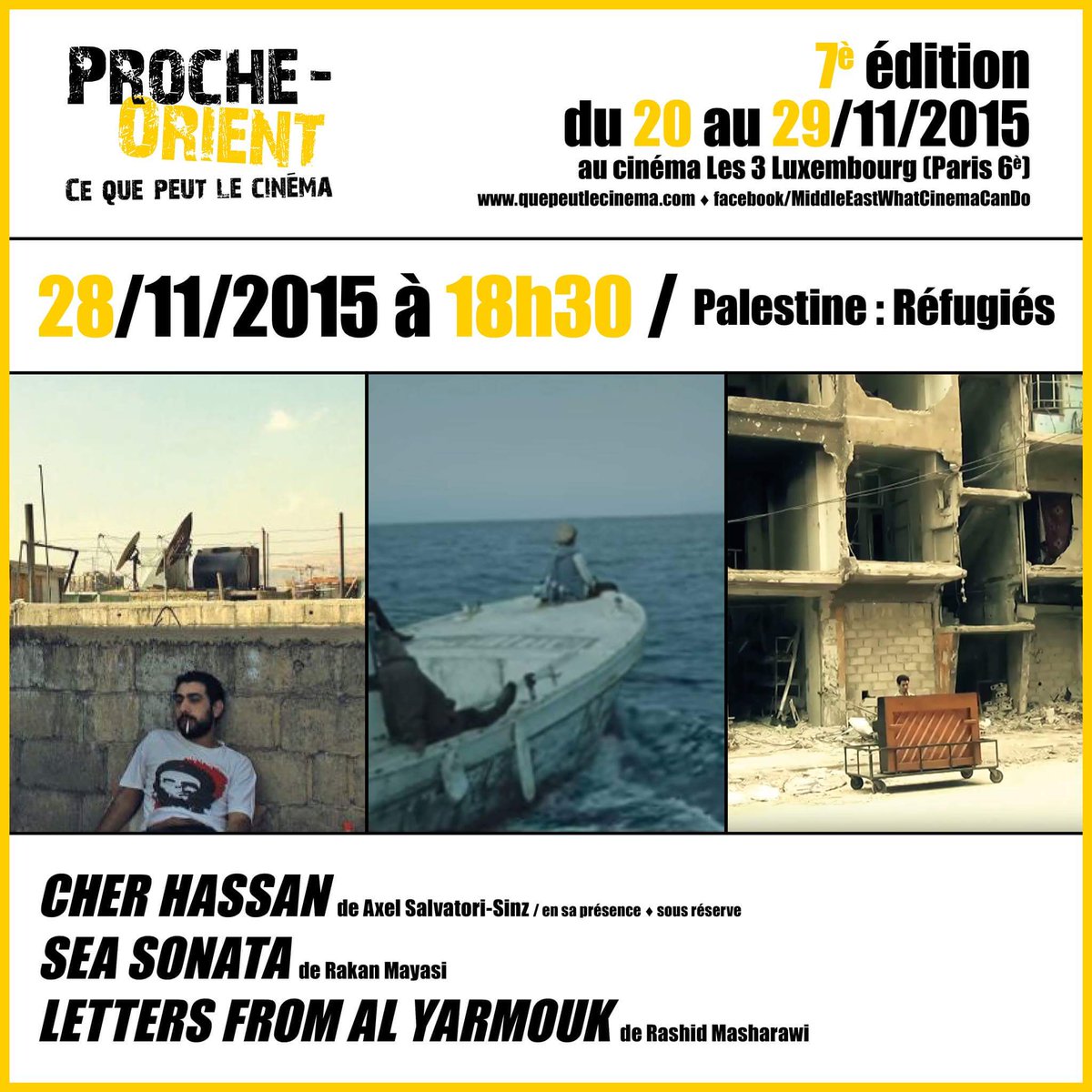 Proche_Orient's tweet photo. A partir de 18h30 la #PALESTINE  #فلسطين est à l'honneur! #festival #paris #les3luxembourg @Politis_fr https://t.co/z7AZR6TvXD