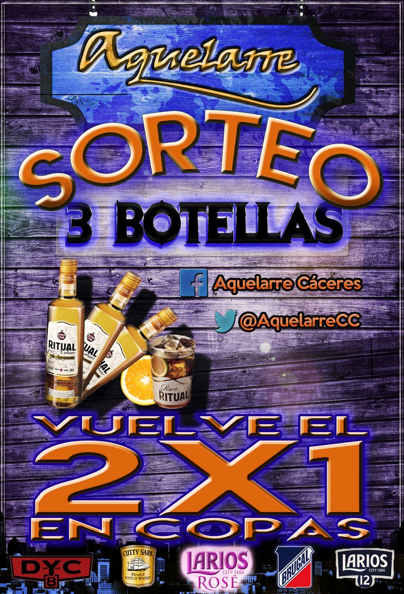 AquelarreCC's tweet photo. Volvemos este sábado con el SORTEO de 3 BOTELLAS de #RonRitual!! Follow&amp;Retweet para participar!! Y 2⃣❎1⃣ en copas!! https://t.co/sQZbYAVf7t
