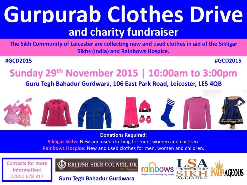 LeicsSikhAllian's tweet photo. GURPURAB CLOTHES DRIVE - Tomorrow
Donations to @RainbowsHospice & Sikhligar. All welcome #GCD2015 https://t.co/gTIpDXHMFW