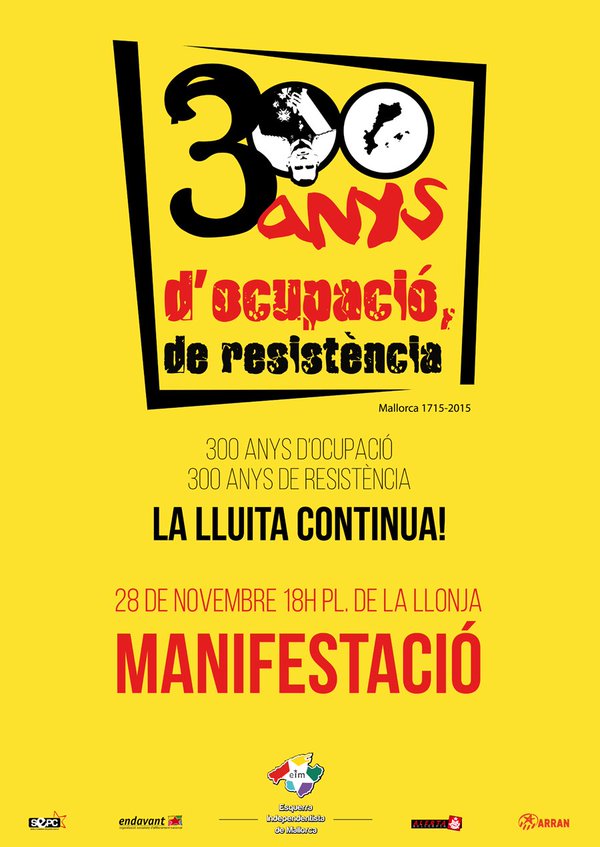 laccent's tweet photo. L'esquerra independentista es manifesta avui a Palma. "300 anys de l'ocupació de Mallorca, 300 anys de resistència" https://t.co/HXu5hMDMoi