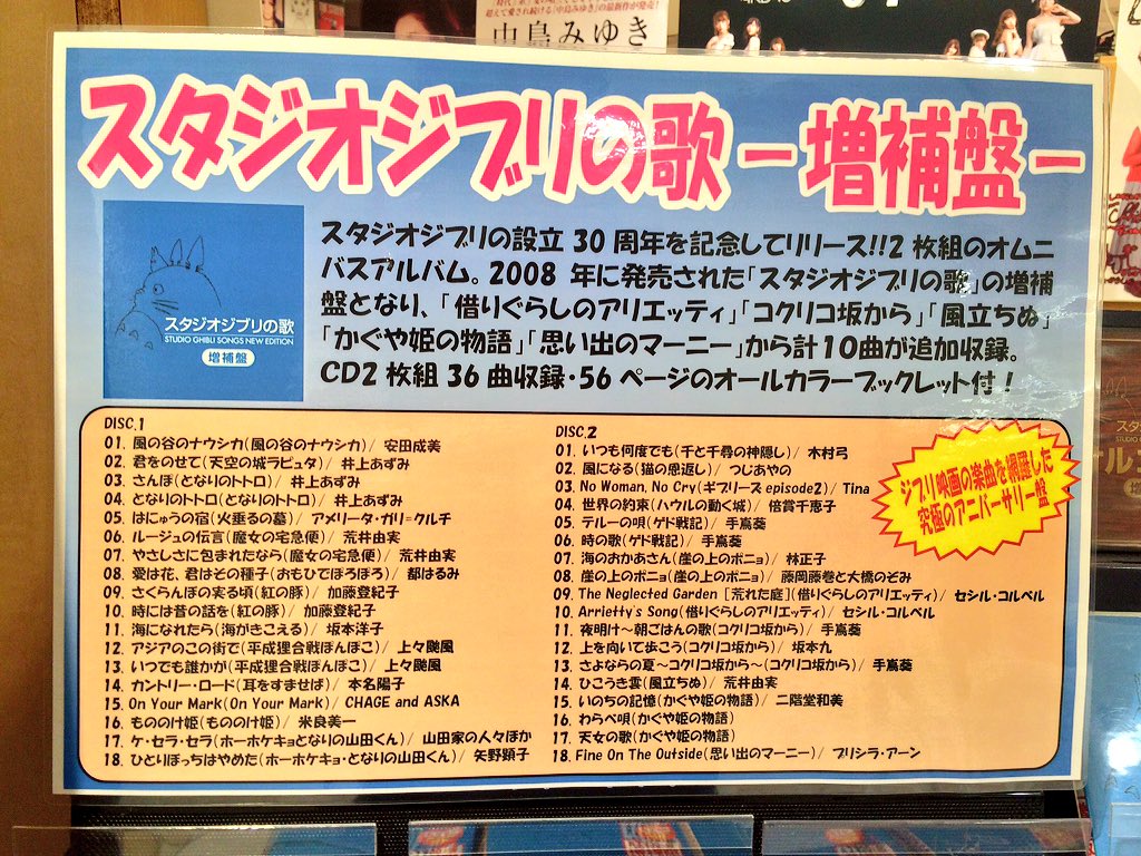 新星堂 アトレ吉祥寺店 Pa Twitter 今週発売 08年の大ヒットアルバム スタジオジブリの歌 に 借りぐらしのアリエッティ コクリコ坂から 風立ちぬ かぐや姫の物語 思い出のマーニー の5作品の名曲を追加した増補版です 最高のベストをぜひ かじ