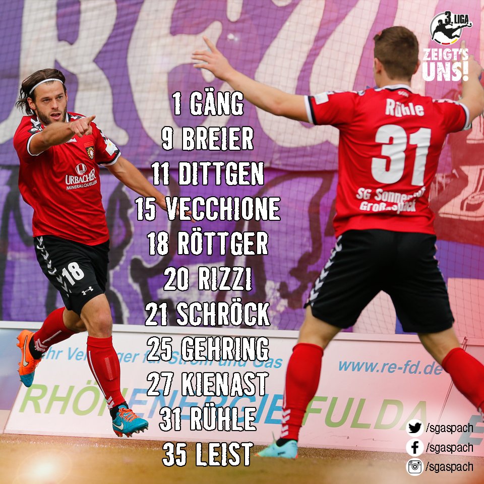 sgaspach's tweet photo. In rund 30 Minuten geht's los! Hier haben für Euch die Aufstellung unserer @sgaspach! #WIESGA #zeigtsuns https://t.co/nOgDMPjCp8