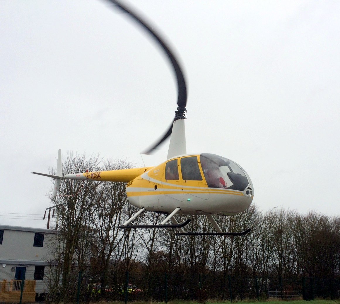 First flight of the new sphericoidal R44 blades. Claimed to give an extra 10kts top speed.