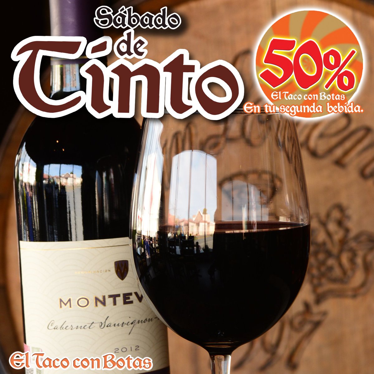 Eltacoconbotas's tweet photo. Ven a disfrutar de los #SábadosdeTintos, en la compra de tu bebida la segunda al 50%. Sólo en #eltacoconbotas. https://t.co/Qts6yOxsF7