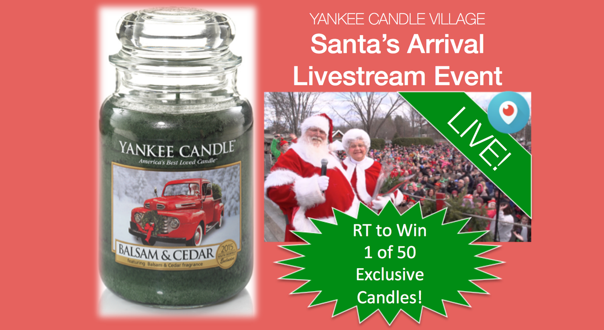 TheYankeeCandle's tweet photo. WATCH Santa's Arrival LIVE on #Periscope: https://t.co/2J53jwDkmy 
RT this &amp; Follow us to WIN an exclusive candle! https://t.co/9wiaheWaom