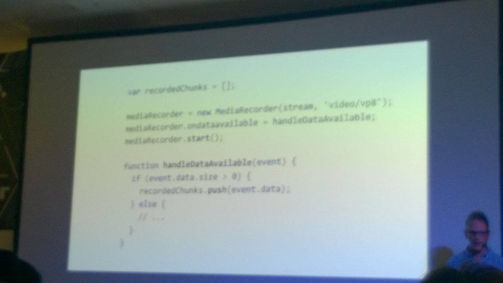 BrianLinuxing's tweet photo. Most requested feature, Mediarecorder, coming to Chrome 47 says .@sw12 at #devfestlon https://t.co/fPFqo4gMEb