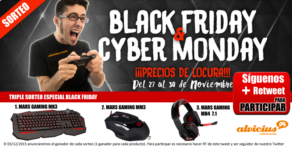 AlviciusGaming's tweet photo. ¡Celebramos el Black Friday a lo grande! Haz RT, síguenos y llévate uno de estos periféricos de @MarsGaming_ 🎮 https://t.co/QPSHV6wwtw