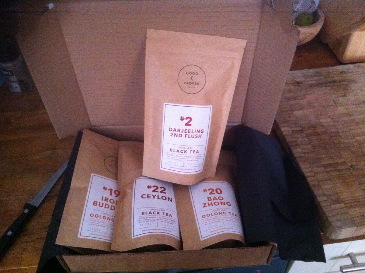 donorgasm's tweet image. So ruddy thrilled with this gorgeous delivery from @goodpropertea – beautiful new packaging. Yum yum x