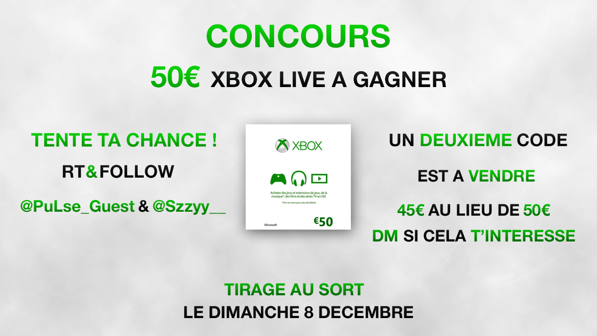 Szzy__'s tweet photo. 50€ XBOX LIVE A GAGNER
Pour cela RT + Follow @PuLse_Guest &amp; @Szzy__
Un deuxième code est également en vente pour 45€ https://t.co/tgshNSrN58